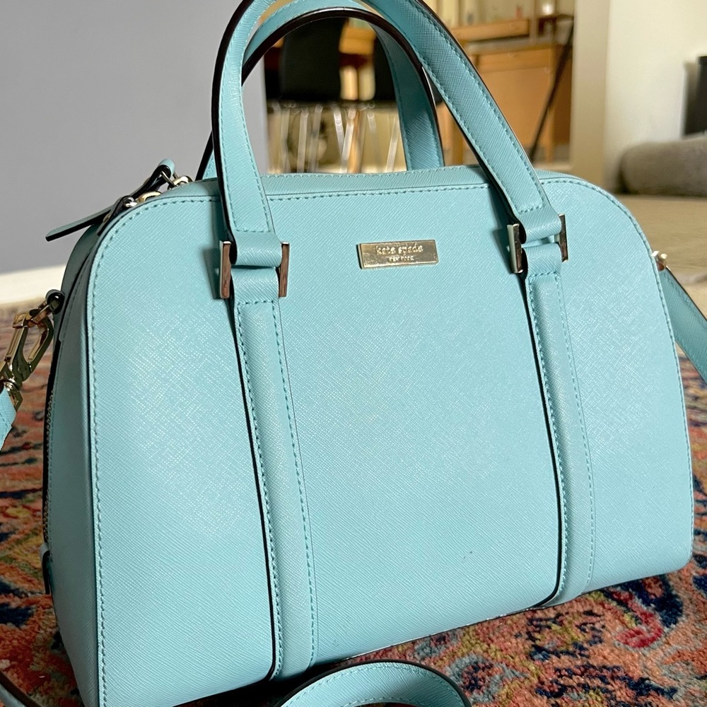 Kate Spade light blue satchel with crossbody strap. Authentic. 100% Leather.